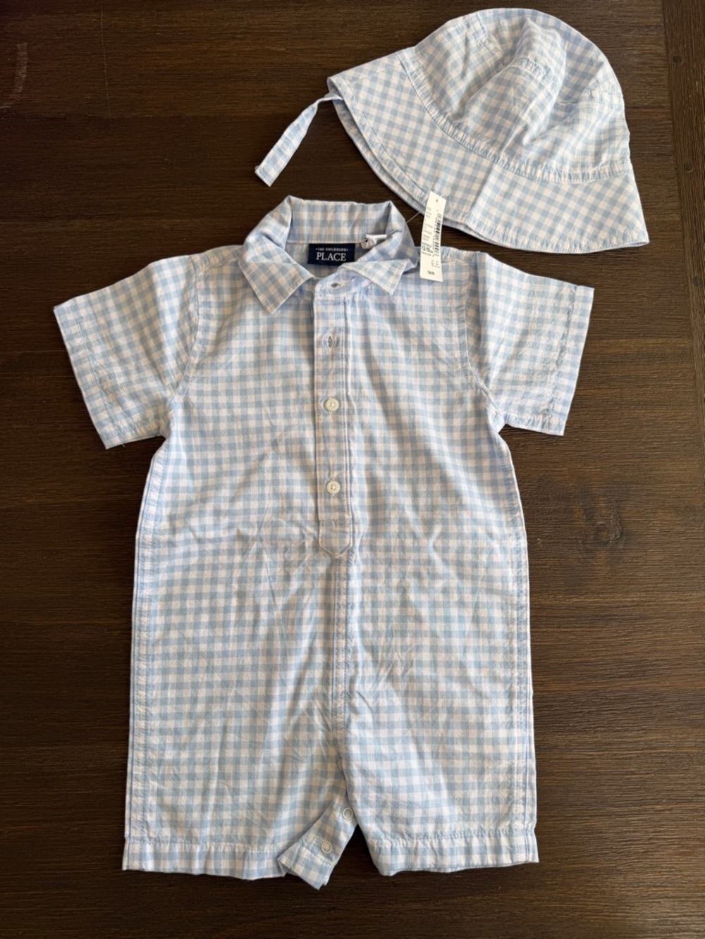 NWT The Children’s Place Blue Gingham Baby Romper & Hat Set